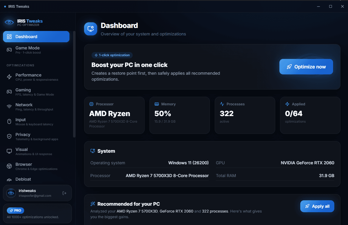 IRIS Tweaks application dashboard showing system optimization controls and performance metrics